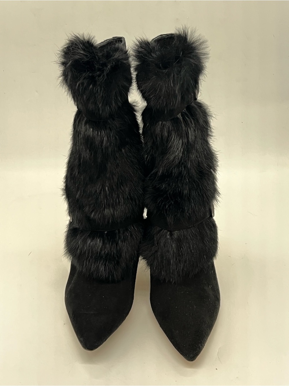 Via Spiga Black Rabbit Fur Tiered Pointed-Toe Heeled Boots